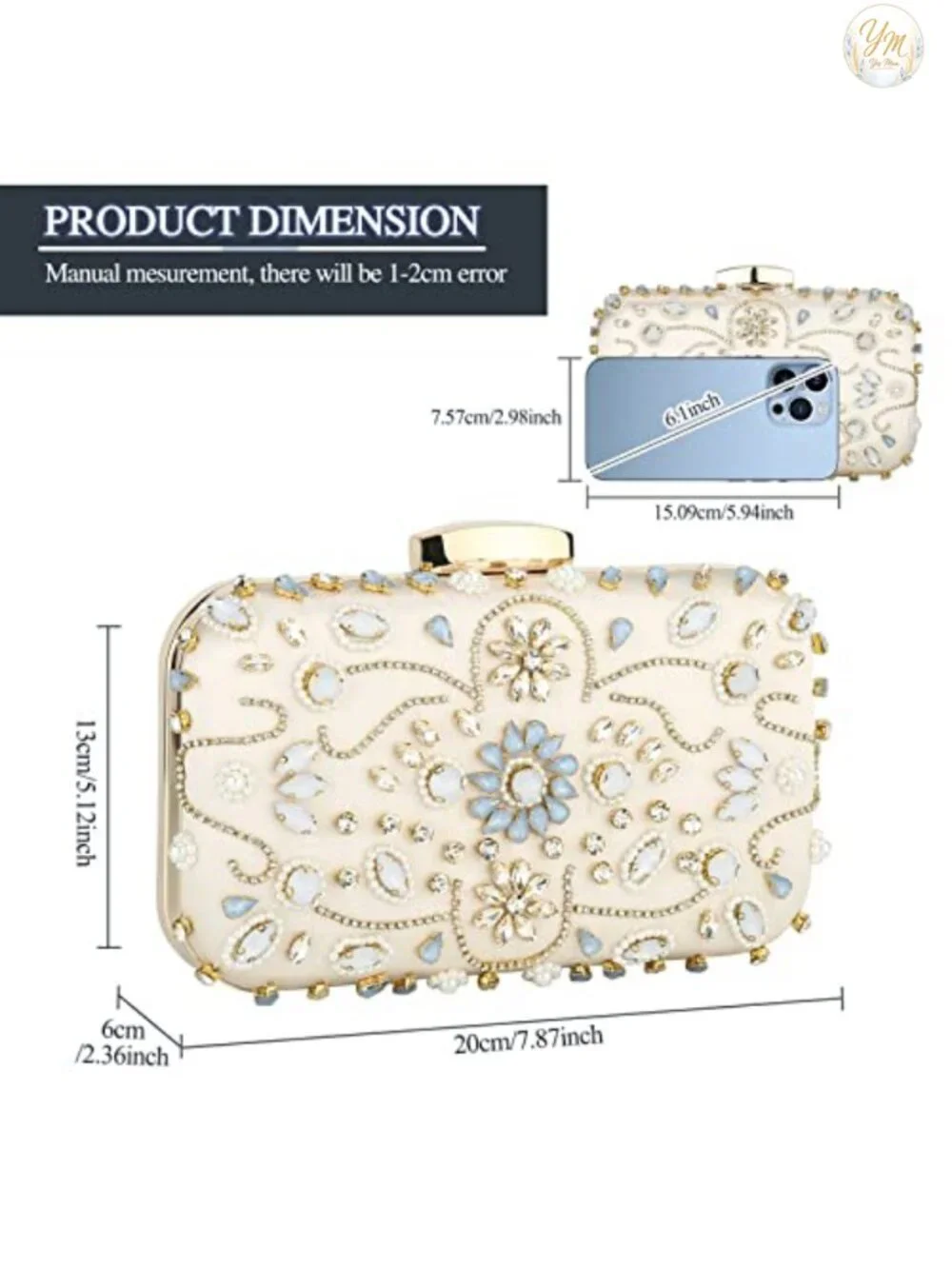Beaded Evening Clutch Purse Rhinestone Pearl Bridal Wedding Handbag with Chain